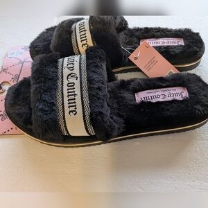New Juicy Couture  Black furry slippers with gold trim